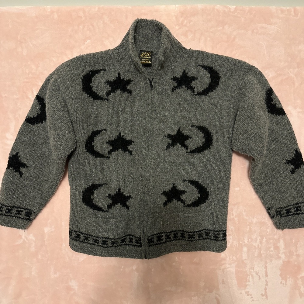 Tejidos Imalaya Wool Sweater Mens L Gray Black Moon Star Zip Cardigan Ecuador